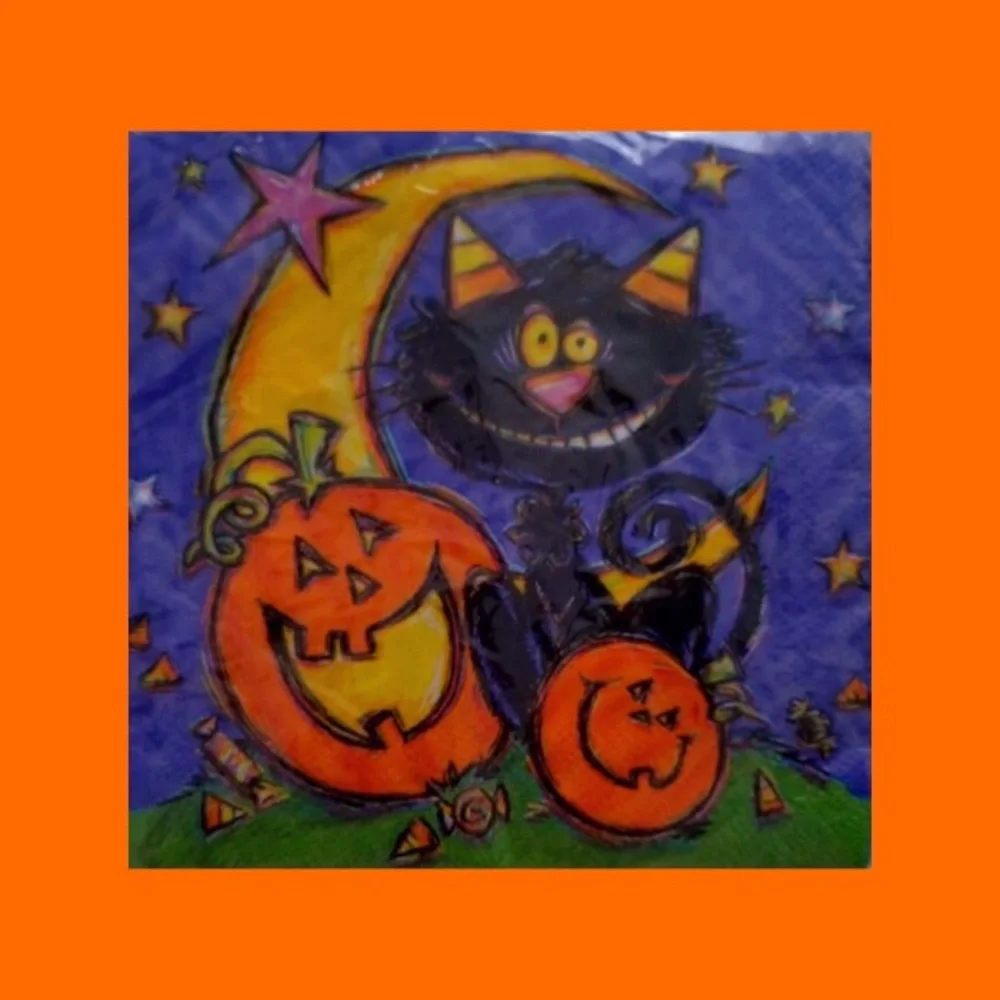 VTG 90s Halloween Black Cat Jack-o-Lantern Cocktail Party Napkins 24 Count NIP